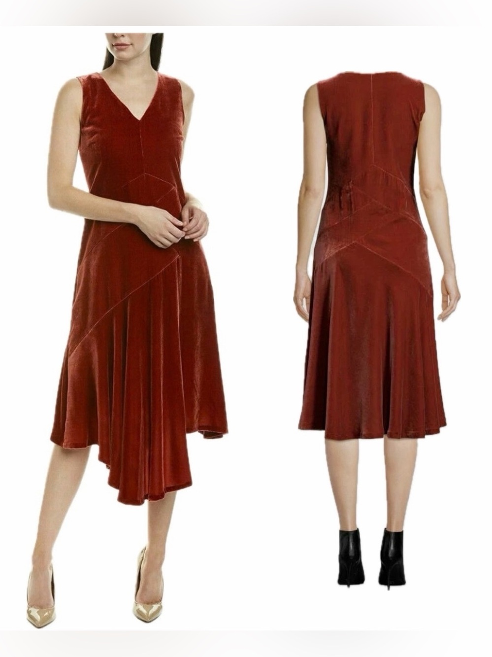 Lafayette 148 New York Ashlena Velvet Dress 8 Asymmetric Hem Rustic Red $798